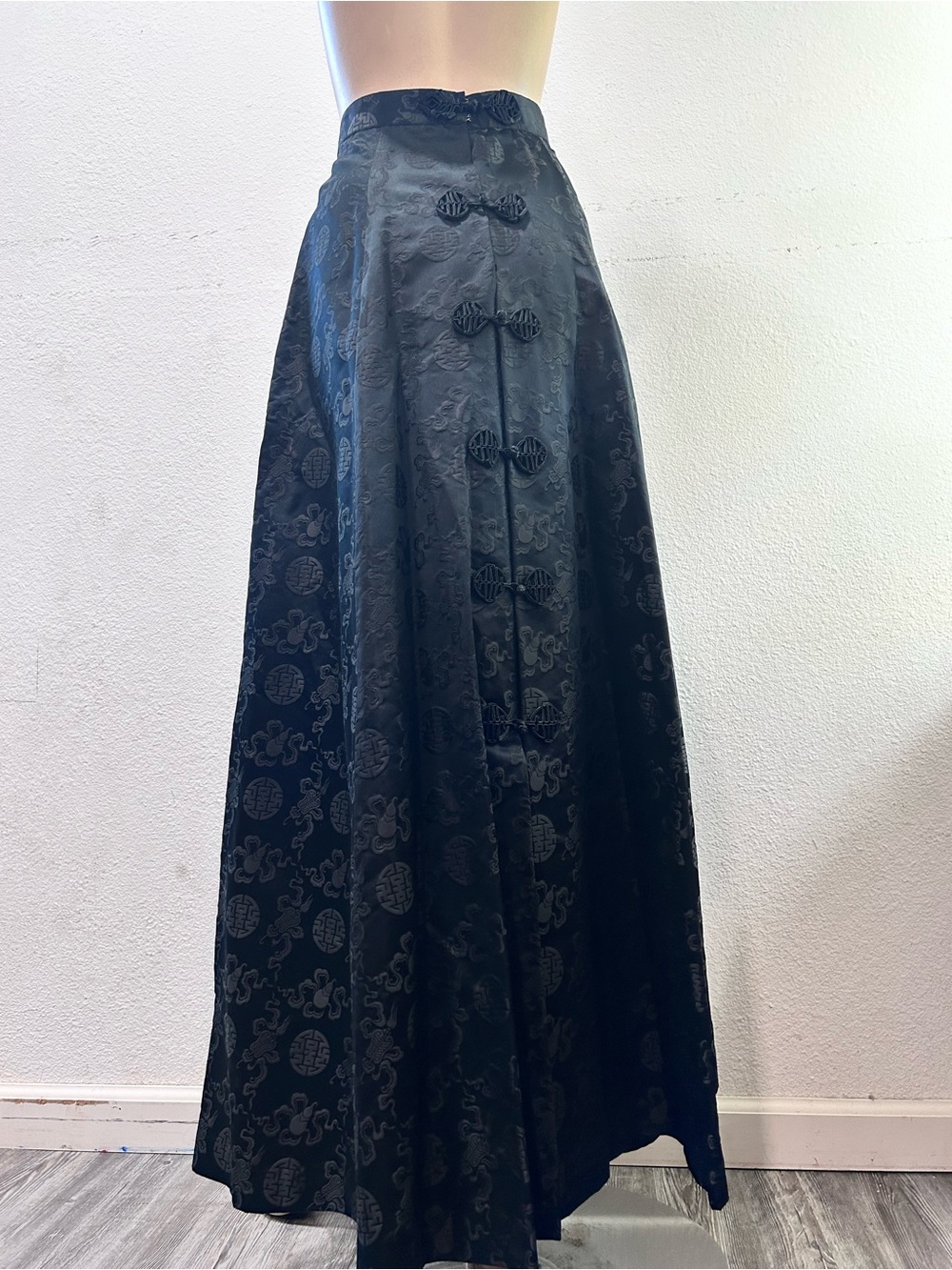 Dynasty vintage Black Brocade Maxi Skirt with Decorative Frog Closures